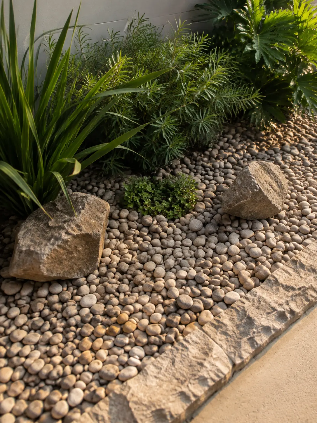 Jardim contemporâneo composto com seixos e pedras naturais