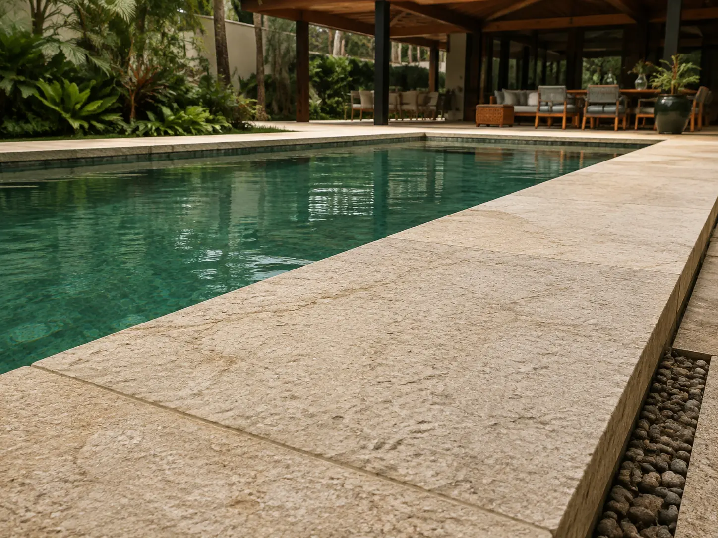 Detalhe de piscina com borda texturizada em pedra natural