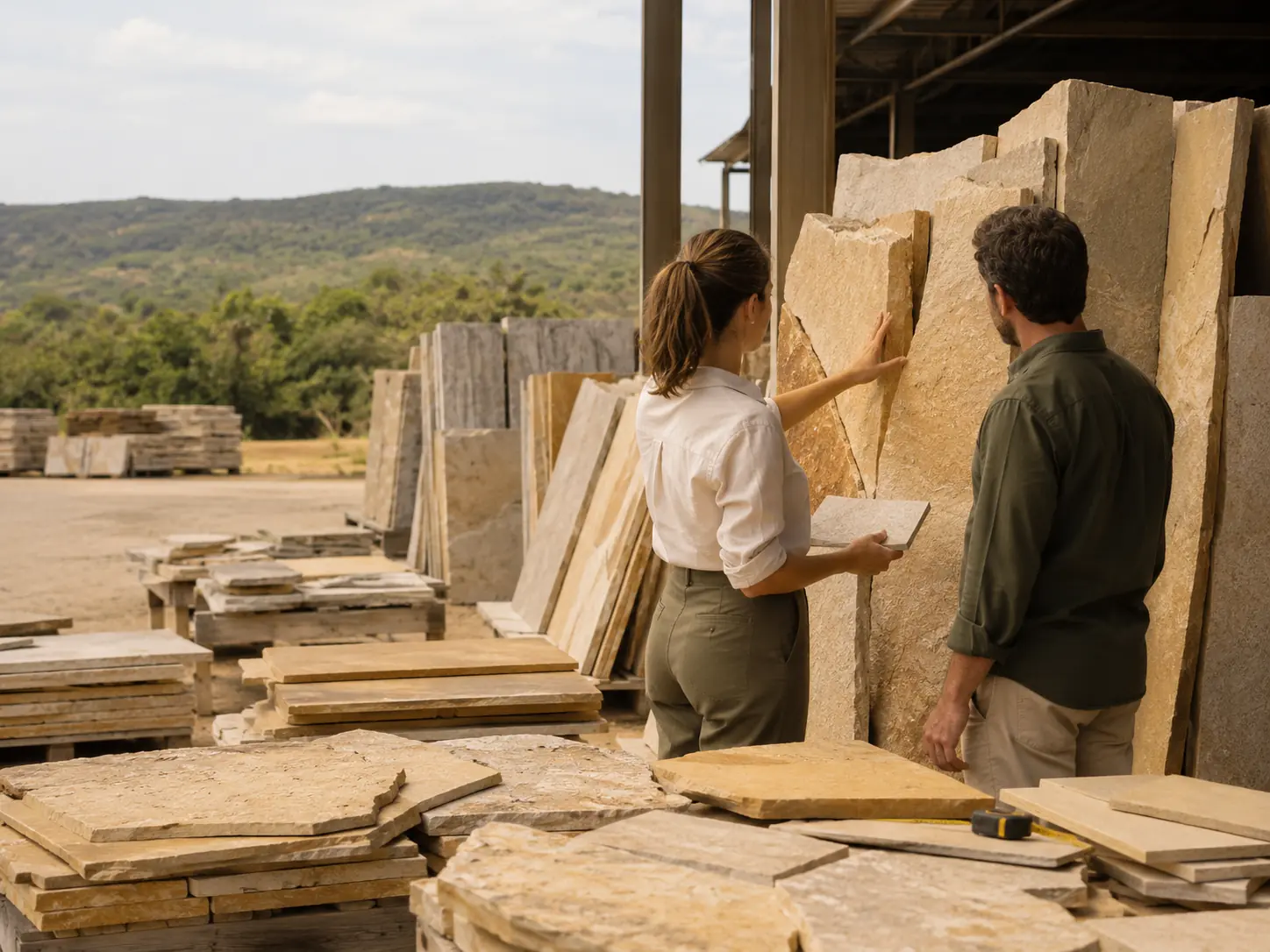 Cliente e consultora selecionam pedras naturais para uma obra residencial